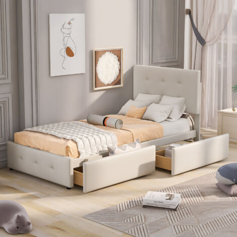 Lit tapissé 90x200 cm avec sommier à lattes, dossier et deux tiroirs, velours doux pour la peau beige, lit simple plat enfant adolescent invité (sans matelas) (1/5)