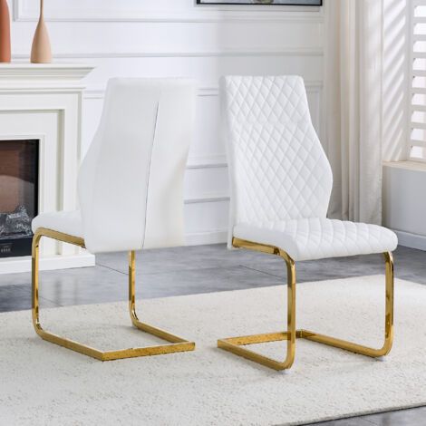 [Lot de 2] Chaise de salle à manger motif losange blanc : dossier haut + assise rembourrée confortable, cadre en métal doré antidérapant et durable, idéal pour restaurants, etc. (1/5)