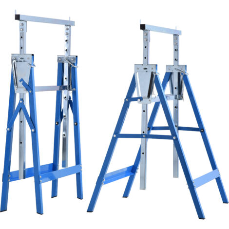 2 x Tréteau pliant réglable en hauteur jusqu'à 200 kg, acier bleu 68x58x80-130 cm pour construction et rénovation (1/5)