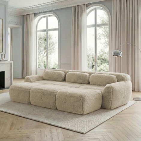 Canapé Nuage sans Armature, Tissu Peluche Doux, Canapé Lit Modulaire avec 3 Poufs, 3 Places, Sofa Confortable pour Salon, Beige Clair (1/5)