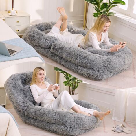 Nouveau [Vidéo disponible] Lit pour chien et humain, canapé paresseux, 5 niveaux réglables, fauteuil de sol pour gaming, salon, adapté au jeu, méditation, détente, tissu peluche, gris clair (1/5)