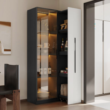 Armoire multifonction 160 cm de haut – Bibliothèque et vitrine avec portes en verre trempé, cadre de porte en aluminium, 1 porte, 1 tiroir latéral, avec roulettes et éclairage LED – Vitrine, meuble de (1/5)