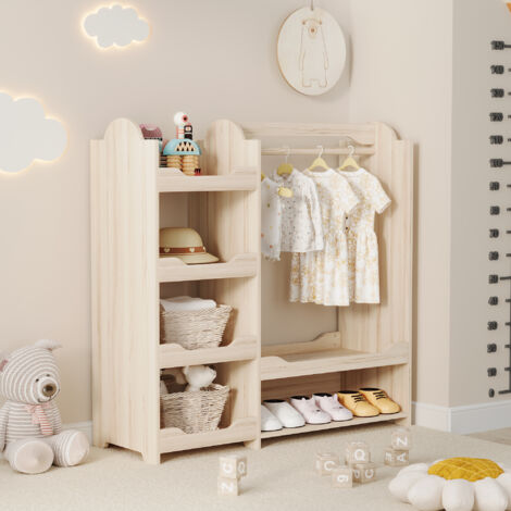 Armoire enfant avec barre de rangement et 4 étagères, meuble de rangement pour chambre d'enfant, bois naturel, 110x39x110 cm