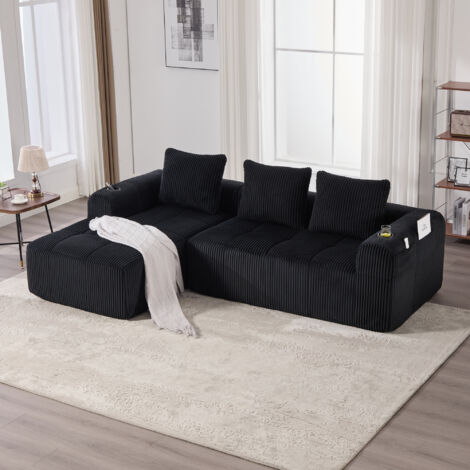 Canapé compact en velours côtelé – Doux, modulable & pratique avec poche latérale et porte-gobelet. Confort premium pour longues assises, 3 coussins inclus. Idéal salon, bureau & plus.Noir (1/5)