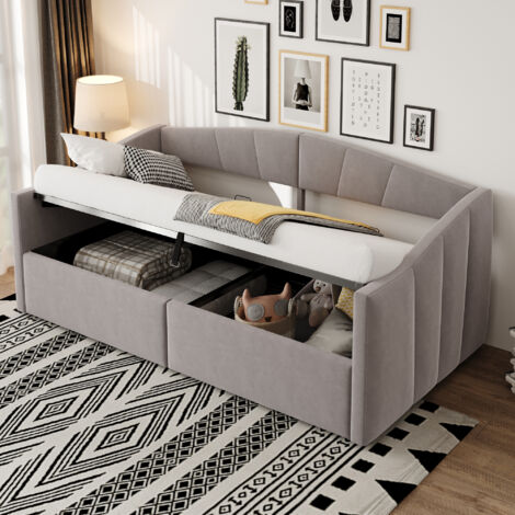 Canapé-lit 90x200 cm, Avec coffre de rangement hydraulique, Avec sommier à lattes et accoudoirs, Rayures classiques, Lit simple multifonction, Velours doux pour la peau, Gris clair (1/5)