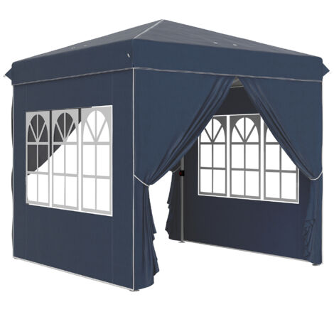Pavillon pliant 2,5x2,5m, imperméable, stable, résistant à l'hiver, pop-up, protection UV 50+, tente de jardin avec 4 parois latérales, sac, bleu foncé, pour camping et jardin. (1/5)