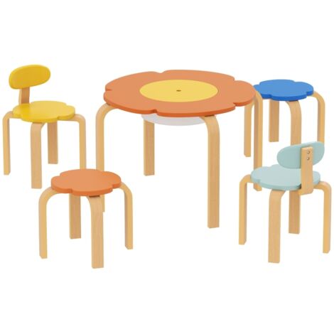 Set de table et chaise enfant 5 pièces, avec sac de rangement, forme fleur, pour salle de jeux, chambre d'enfant, bois multicolore (1/5)