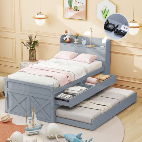 Lit simple en pin massif 90x190 avec tiroir escamotable, sommier, table de nuit avec étagères et port USB, lit jeune/adulte, gris (1/5)