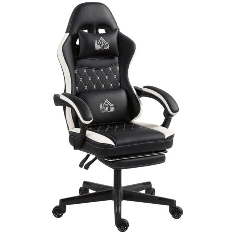 Fauteuil Gaming avec repose-pieds, siège ordinateur avec appui-tête & coussin, revêtement similicuir, pivotant, réglable en hauteur, métal, plastique, Noir+Blanc (1/5)