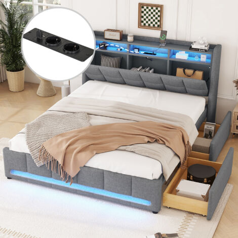 Lit en lin gris, 140 x 200 cm, sans matelas, éclairage LED avec télécommande par appli, lit avec tiroirs, prises et USB, coffre de rangement intégré (1/5)