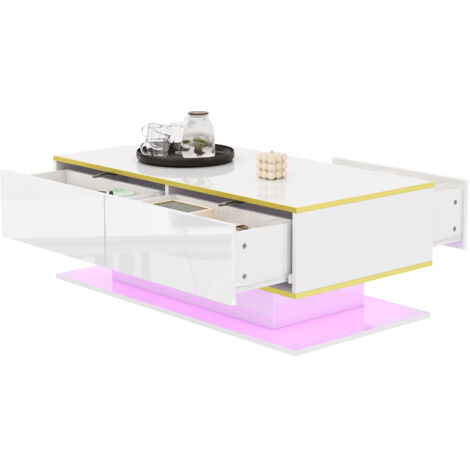 Table Basse LED Moderne Brillant, 100 cm, Dorure Or, 3 Tiroirs & Bande Lumineuse USB (Adaptateur/Batterie externe requis) (1/5)