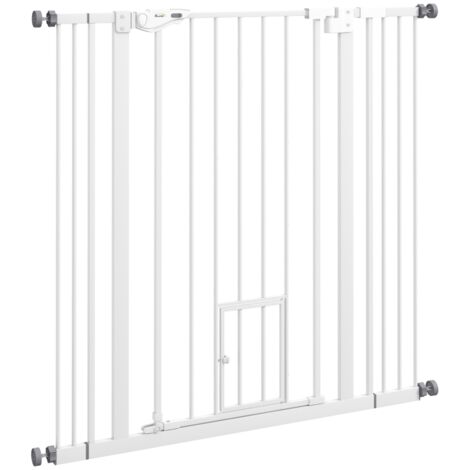 Barrière de sécurité pour chien, double verrouillage, porte à fermeture automatique, 104 cm de hauteur, acier blanc (1/5)