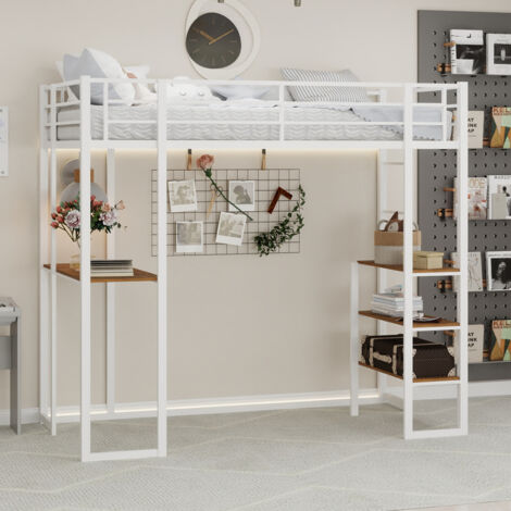 Lit superposé en fer avec bureau en L, lit pour enfant et adolescent avec rambarde et escalier, escabeau réglable des deux côtés. (1/5)