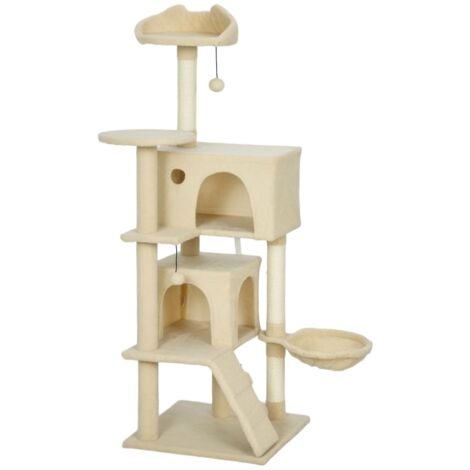 Arbre à chat 140 cm avec hamac, échelle, cachette, 2 balles en peluche, poteaux en sisal, 48 x 48 x 140 cm, beige (1/5)