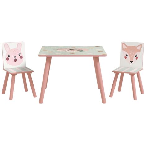 Table et 2 chaises enfant en pin, motif animal, chambre enfant, 3-8 ans, rose (1/5)