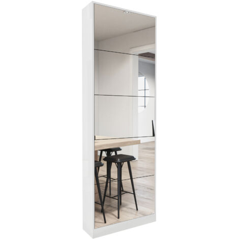Meuble de rangement pour chaussures moderne avec miroir pleine longueur, étagère à chaussures en bois avec 5 tiroirs basculants pour entrée, blanc (1/5)