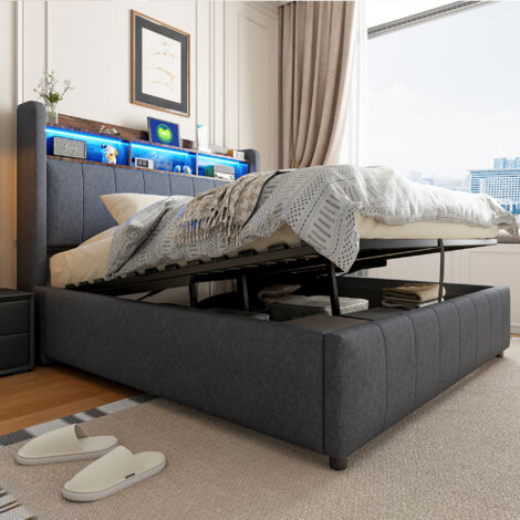 Lit double adulte 140x200cm avec éclairage LED et prise USB, tête de lit avec étagères et rangement, coffre de lit hydraulique, tissu lin gris (1/5)
