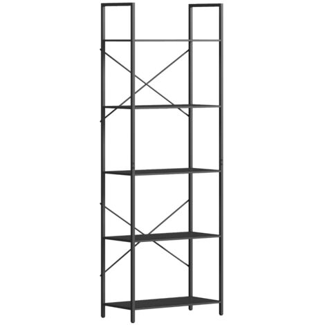 Bibliothèque à 5 étagères, Étagère industrielle avec cadre métallique, Meuble de rangement ouvert pour salon, bureau, pièce de travail, 60x30x170,5 cm, Noir (1/5)