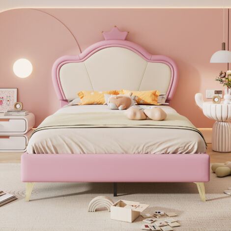 Lit enfant avec tête de lit couronne, bords de protection rembourrés, pieds en métal, profil de tête élégant et matelassé, lit simple, PU, rose et blanc, 90x200 cm (1/5)
