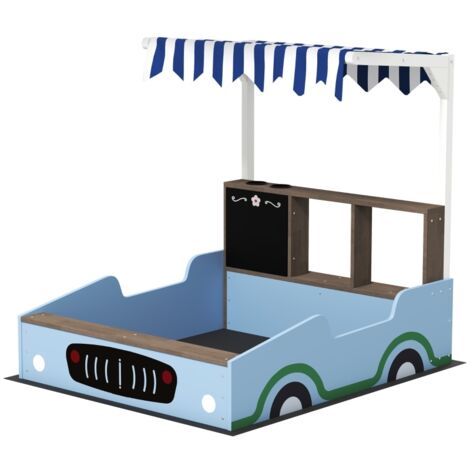 Bac à sable avec auvent, design boutique, banc, tableau noir, bois de sapin, 104H x 108L x 90B cm, bleu (1/5)