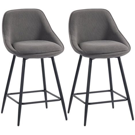 Lot de 2 tabourets de bar en velours côtelé gris, piètement acier, pour îlot de cuisine et salle à manger (1/5)