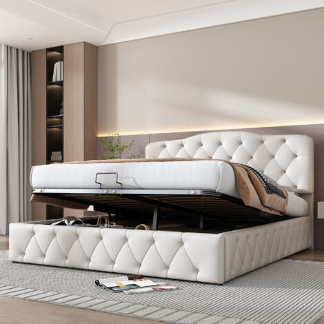 Lit double avec sommier hydraulique, tête de lit réglable en hauteur, motif lychee, cuir synthétique blanc, 140x200 (1/5)