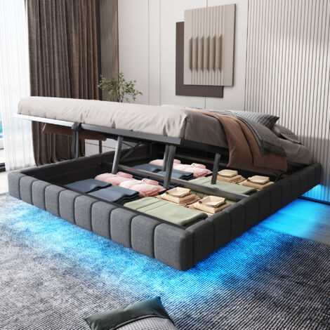 Lit 180x200 cm, sommier surélevé hydraulique avec rangement, lit capitonné multifonction sans tête de lit avec lumière LED, lin gris (1/5)
