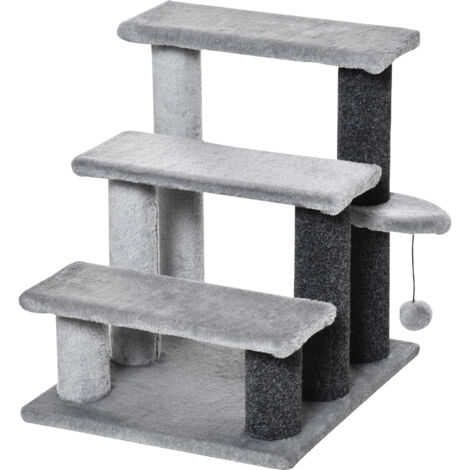 Escalier pour chat et chien 3 marches avec balle en peluche gris 45x40x48cm (1/5)