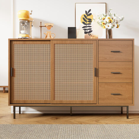 Buffet avec 2 portes coulissantes et 3 tiroirs, étagères réglables, style rustique pour salon et salle à manger. Dimensions : L140 x H91 x P37 cm (1/5)