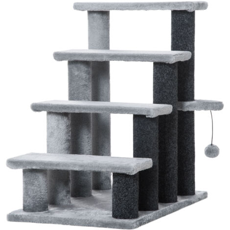 Escalier pour chat 64H cm, 4 marches avec balle de jeu et plateforme en jute et peluche gris (1/5)