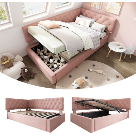 Lit bébé/ado 90x190cm, canapé-lit avec coffre de rangement hydraulique, sommier à lattes en bois, velours rose, sans matelas. (1/5)