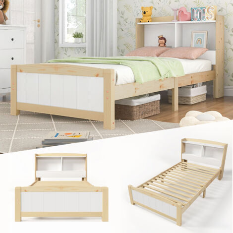 Lit en bois massif avec tête de lit rangement, 90 x 200 cm sommier à lattes, cadre en pin massif naturel et blanc (sans matelas ni tiroirs) (1/5)