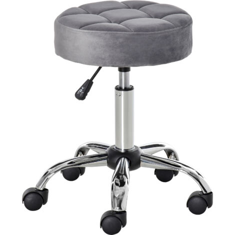Fauteuil de salon à roulettes, tabouret roulant réglable en hauteur, pivotant, revêtement velours, base chromée gris 35x35x49-61cm pour salons de coiffure & instituts de beauté (1/5)