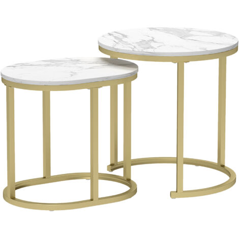 Table basse ronde 2 pièces empilable avec cadre en acier, table d'appoint blanche pour salon chambre (1/5)