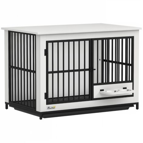 Grande cage pour chien, accès facile, verrouillable, support de gamelle rotatif, pour petits et grands chiens, Blanc (1/5)