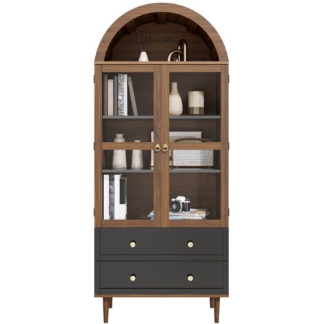 Commode de rangement avec étagères réglables, armoire de style rétro moderne en verre bombé, étagères ajustables, buffet luxueux (1/5)