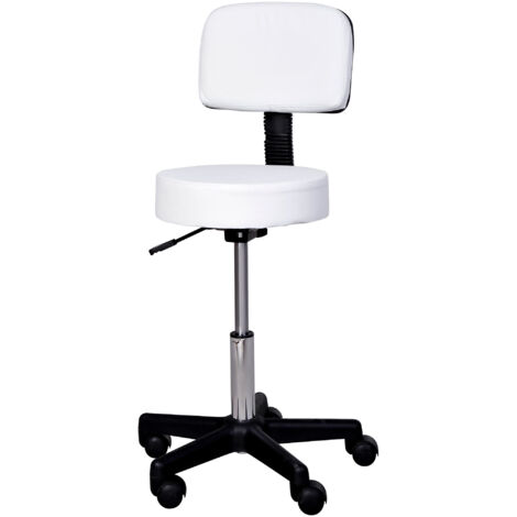 Tabouret de bureau réglable en hauteur avec dossier, blanc, diamètre 35 x hauteur 72-84 cm, pivotant et à roulettes. (1/5)