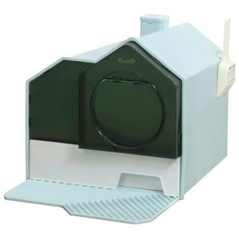 Litière pour chat, cabine design vert, 1 tapis tamis, 1 pelle à litière, bac amovible (1/5)