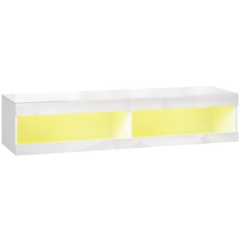 Meuble TV mural blanc brillant, 140 x 40 x 30 cm, support TV suspendu avec éclairage LED RVB 16 couleurs, étagère TV avec rangement ouvert, pour téléviseur 55-60 pouces, salon, chambre (1/5)