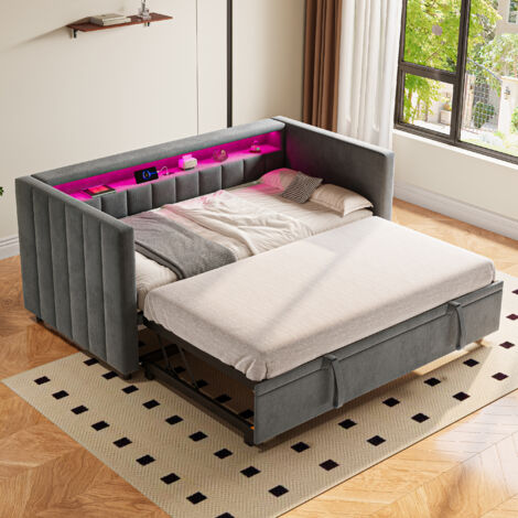 Canapé-lit multifonction 90x190 cm avec lit escamotable, port USB-C, ambiance LED, revêtement velours & rangement – Design élégant pour salon, chambre d’amis ou chambre ado. Gris (1/5)