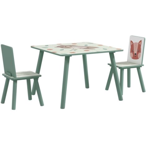 Table enfant avec 2 chaises, ensemble assise enfant avec 1 table & 2 chaises, motif animal mignon, mobilier enfant pour enfants 3-8 ans, vert (1/5)