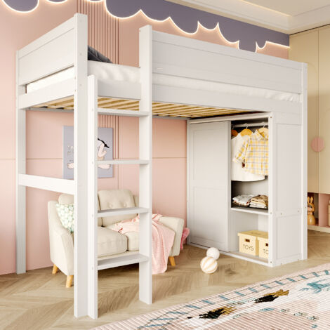 Lit mezzanine 90x200 cm, lit enfant polyvalent avec armoire, rangement, espace ouvert sous le lit, sans matelas, pin blanc (1/5)