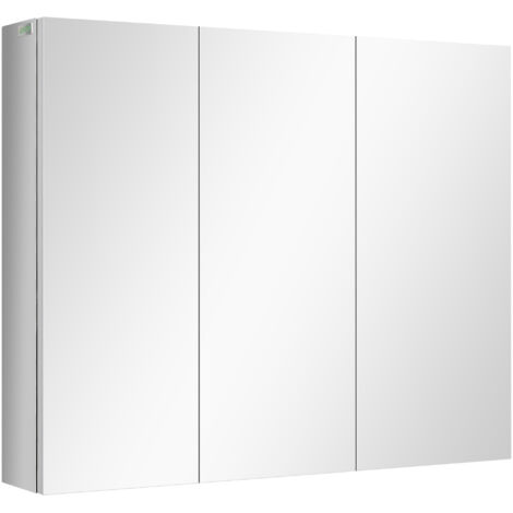 Armoire de Salle de Bain avec Miroir, 3 Portes en Verre & 5 Étagères, Acier Inoxydable, Argent, 70x12x55 cm (1/5)