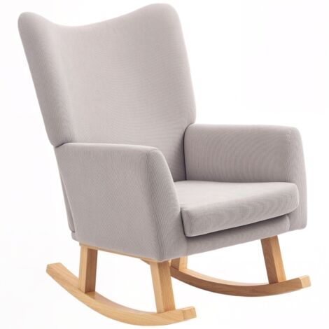Fauteuil à bascule rétro, revêtement en velours côtelé, bois d'hévéa, rembourrage en mousse, dossier haut, gris clair (1/5)