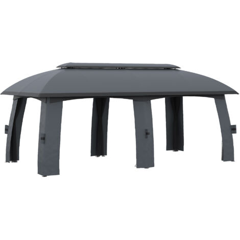 Pavillon de Jardin 3x6 m Tente de Fête avec Double Toit & Parois latérales, Moustiquaires pour jusqu'à 15 Personnes, Métal Galvanisé, Gris Foncé (1/5)