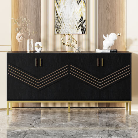 Buffet moderne 4 portes – Design élégant noir et or, corps en MDF avec pieds métalliques, grande capacité, étagères réglables en hauteur – pour salon, salle à manger & entrée (1/5)