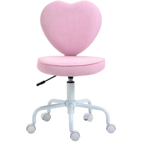Fauteuil pivotant chef, chaise de bureau, assise réglable en hauteur, forme cœur mignonne, rembourré, lin rose, 40 x 50 x 79-89 cm (1/5)