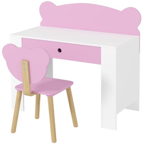 Ensemble bureau enfant avec plateau & tiroir, table de travail et chaise en forme d'ours, bureau d'écolier, table pour enfants et adolescents, rose, pour garçons et filles (1/5)