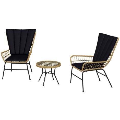 3 pièces Salon de Jardin en Rotin, Set Mobilier Extérieur avec 2 Fauteuils & Table d'Appoint, Plateau en Verre Trempé et Coussins (1/5)