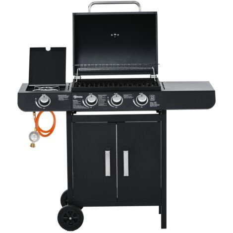 Grill à gaz chariot BBQ 3 brûleurs + brûleur latéral, détendeur et tuyaux, multifonction, acier noir 110x50x100 cm (1/5)